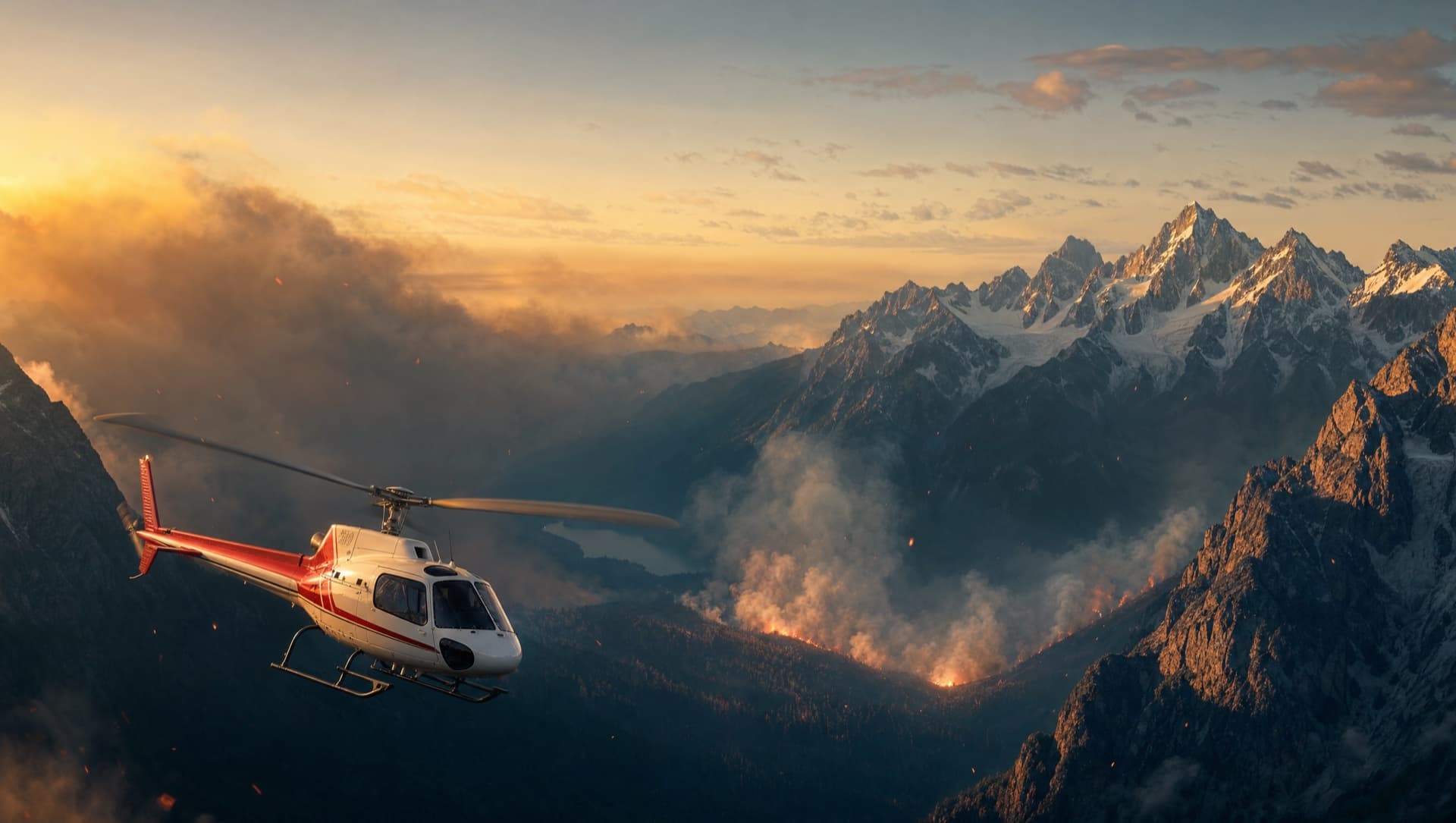 Airbus AS350 H125 banking over a Canadian Coast Mountains valley at golden hour