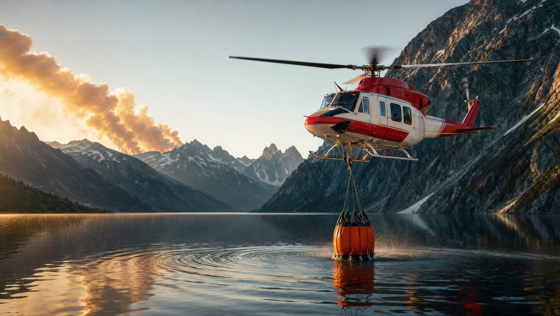 Bell 412 lifting from an alpine tarn with Bambi Bucket
