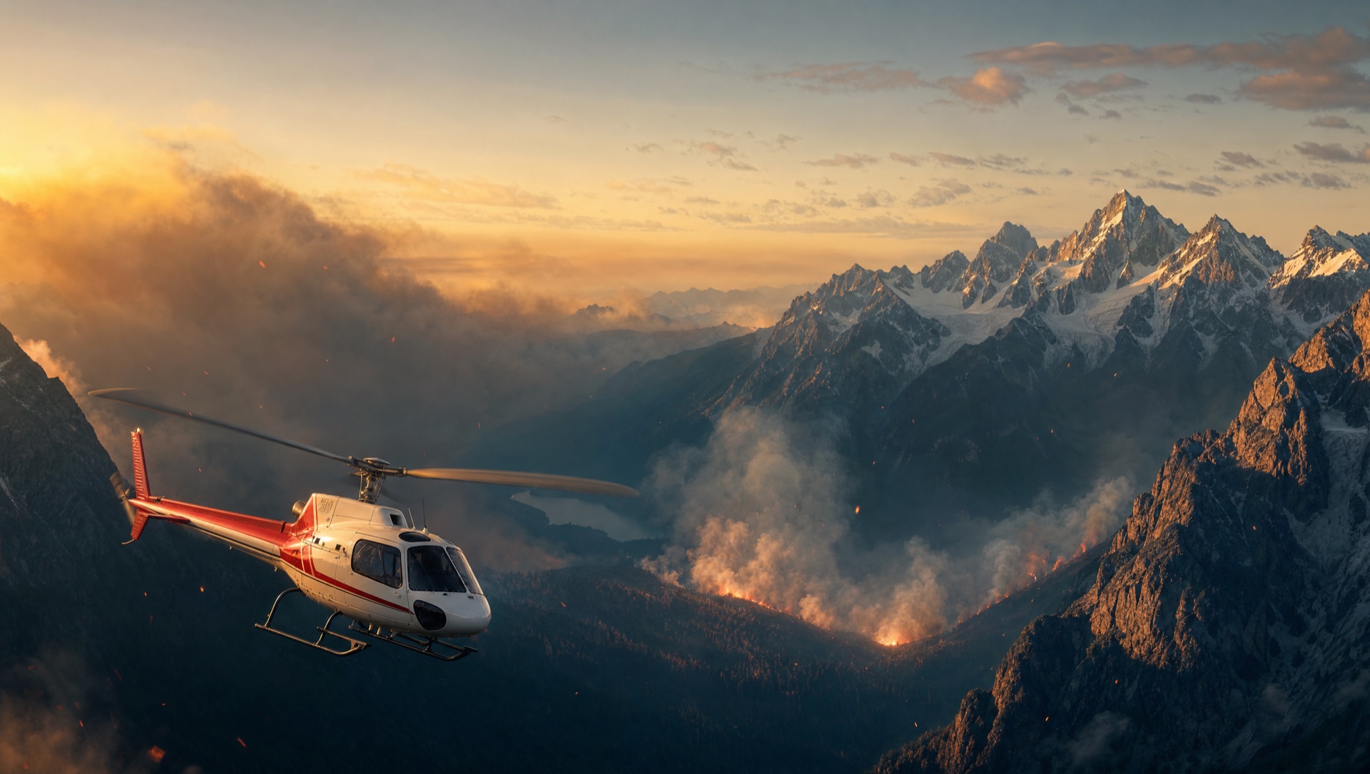 Airbus AS350 H125 banking over a Canadian Coast Mountains valley at golden hour